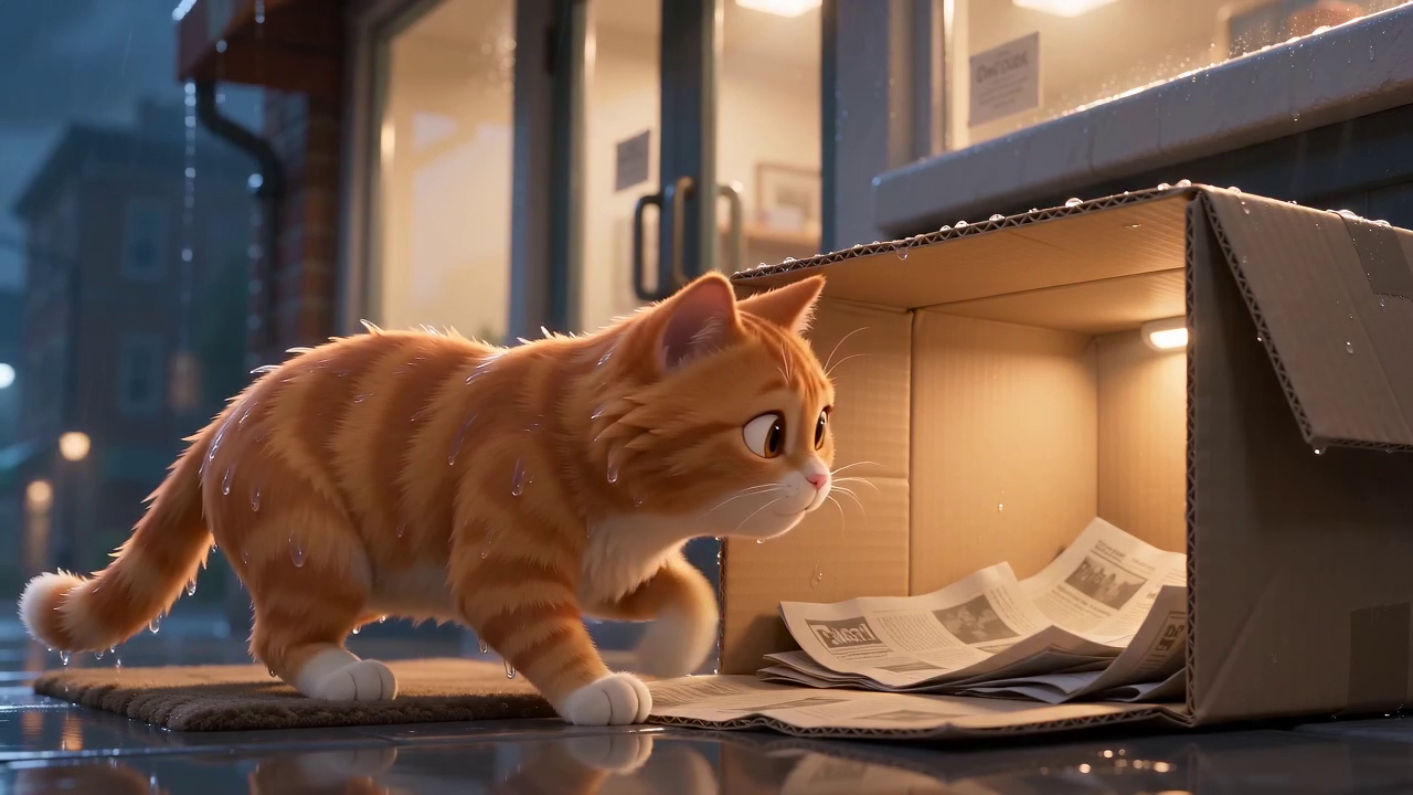 分镜五「猫入住小屋」，箱口透出暖光
